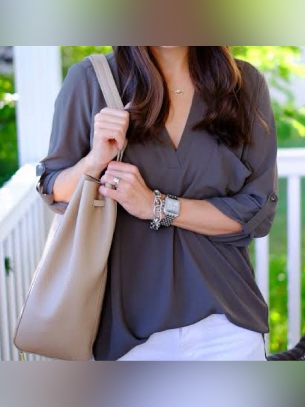 Lush Women's V-Neck Roll-Sleeve Tunic - Charcoal Gray